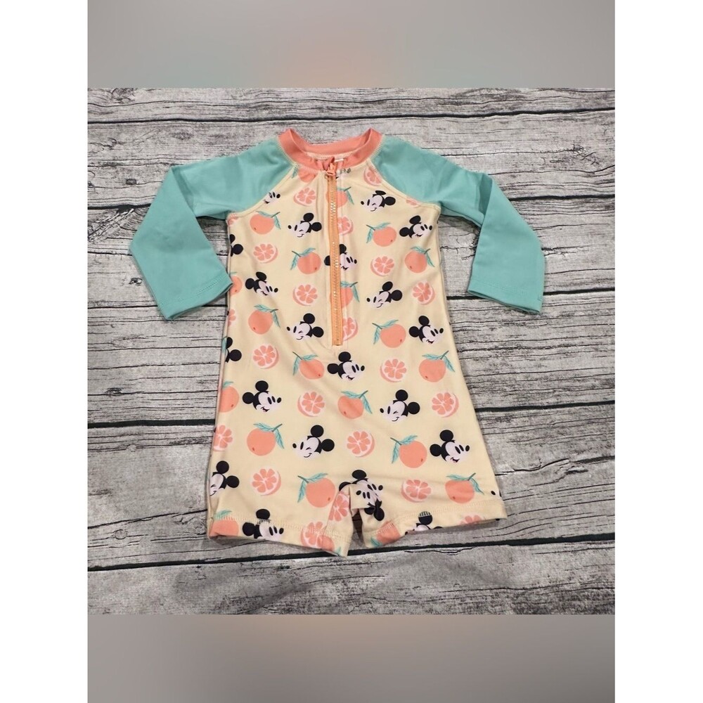 Unisex Disney Peach & Teal Mickey One-Piece Rash Guard Swimsuit Size 12-18